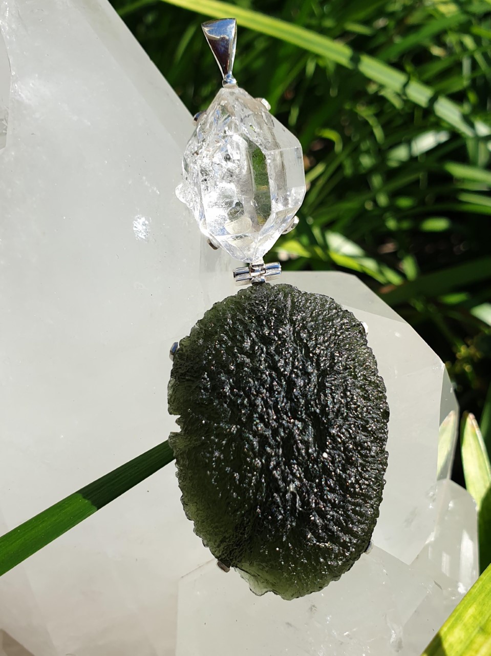 Magnificent Moldavite Herkimer Diamond 925 Silver Pendant MH2