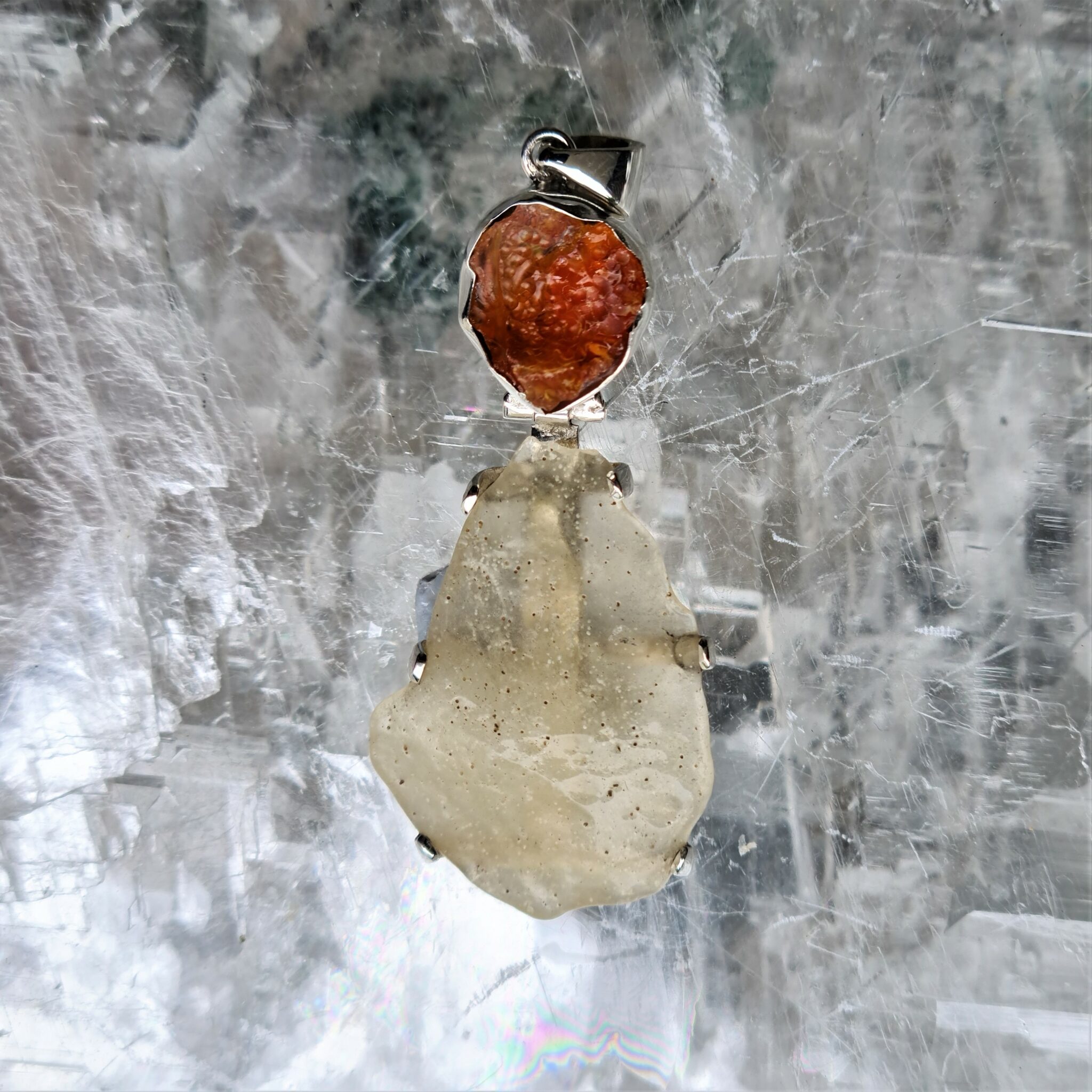 Libyan Desert Glass and fire opal 925 silver pendant. LO1