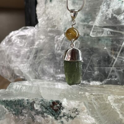 Magnificent Moldavite & Golden Rutile Silver Pendant MGR1