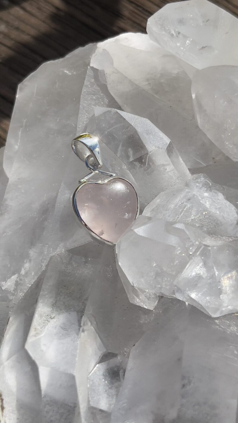 Rose quartz heart in sterling silver pendant
