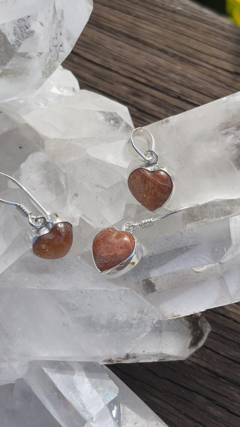 Sunstone Heart Necklace Pendant Earrings Set